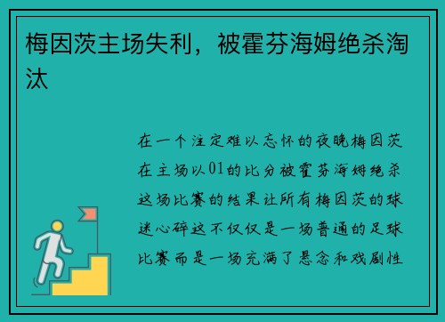 梅因茨主场失利，被霍芬海姆绝杀淘汰